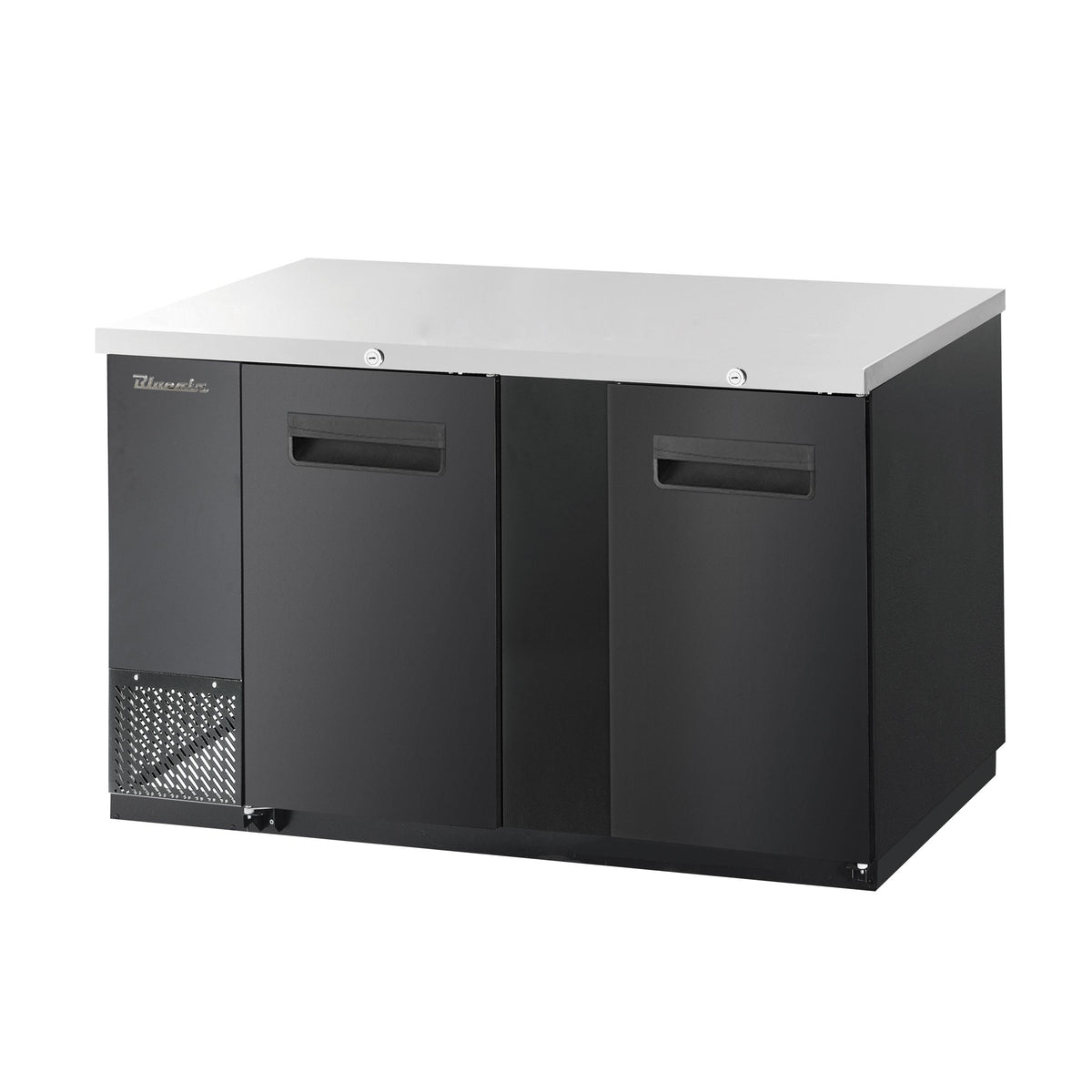 Blue Air BBB69-3B-HC back bar cooler with solid doors, black finish, front angle view
