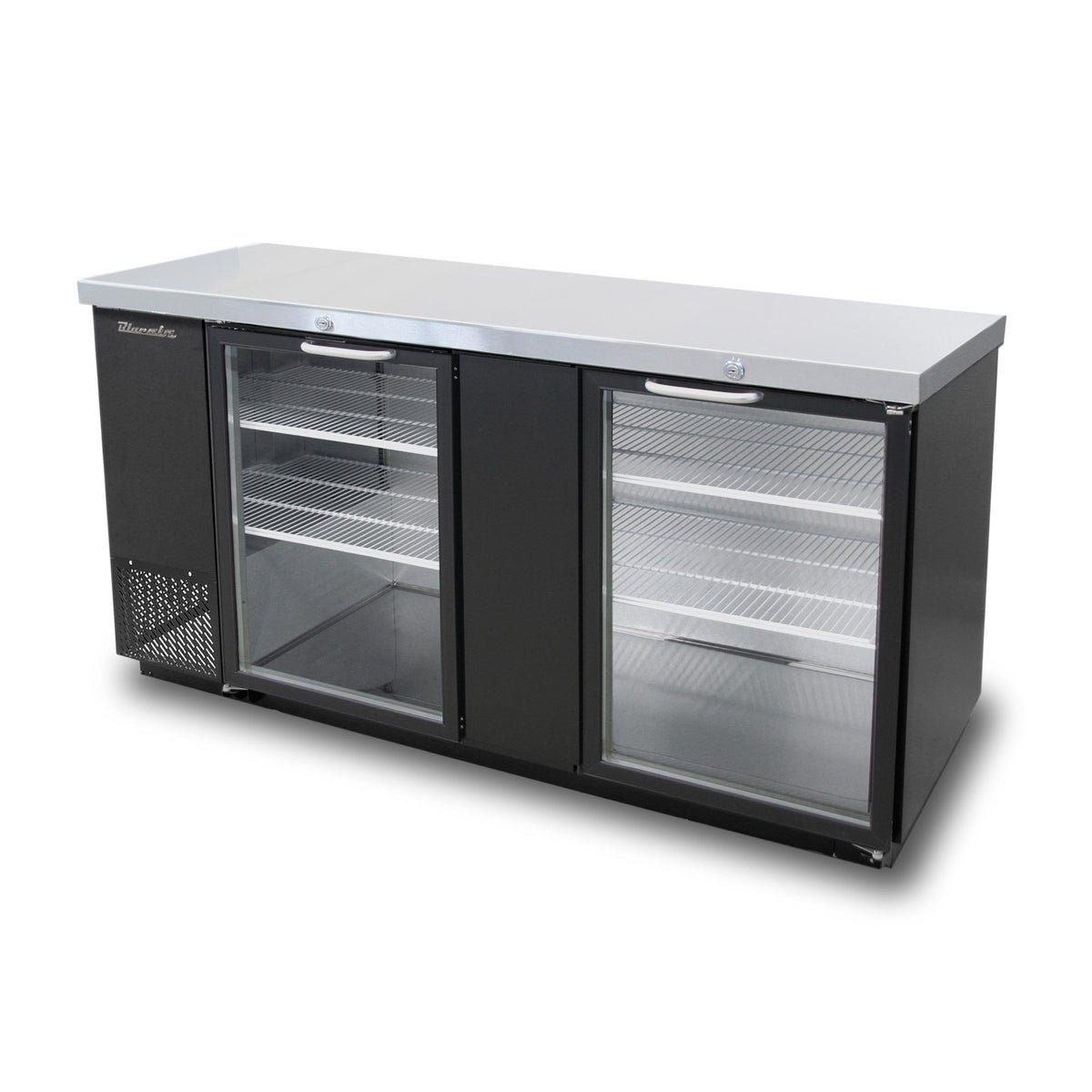 Blue Air BBB69-3BG-HC back bar cooler with glass doors, black finish, front angle view