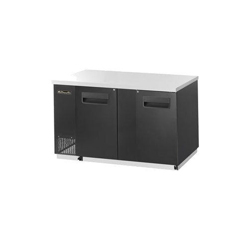 Blue Air BBB69-3S-HC back bar cooler with solid doors, front angle view; photo shows a black cabinet