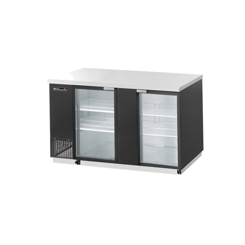 Blue Air BBB69-3SG-HC back bar cooler with glass doors, front angle view; photo shows a black cabinet