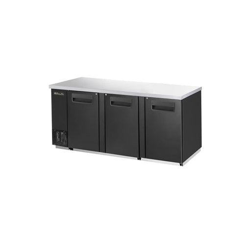 Blue Air BBB90-4S-HC back bar cooler with solid doors, front angle view; photo shows a black cabinet