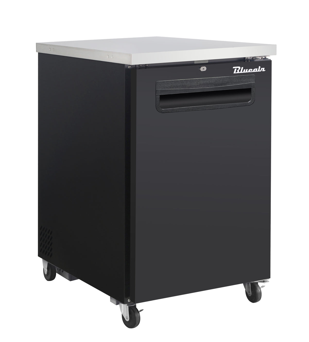 Blue Air BLBB23-1B-HC back bar cooler with a solid door, black finish, front angle view