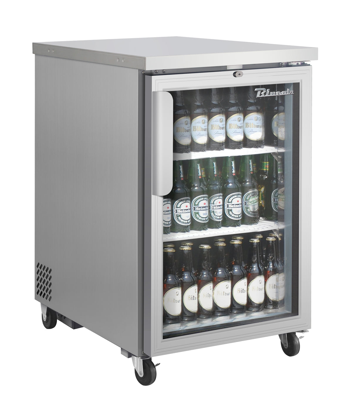 Blue Air BLBB23-1SG-HC back bar cooler with a glass door, stainless steel finish, front angle view
