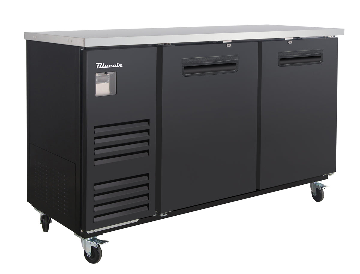 Blue Air BLBB69-3B-HC back bar cooler with solid doors, black finish, front angle view
