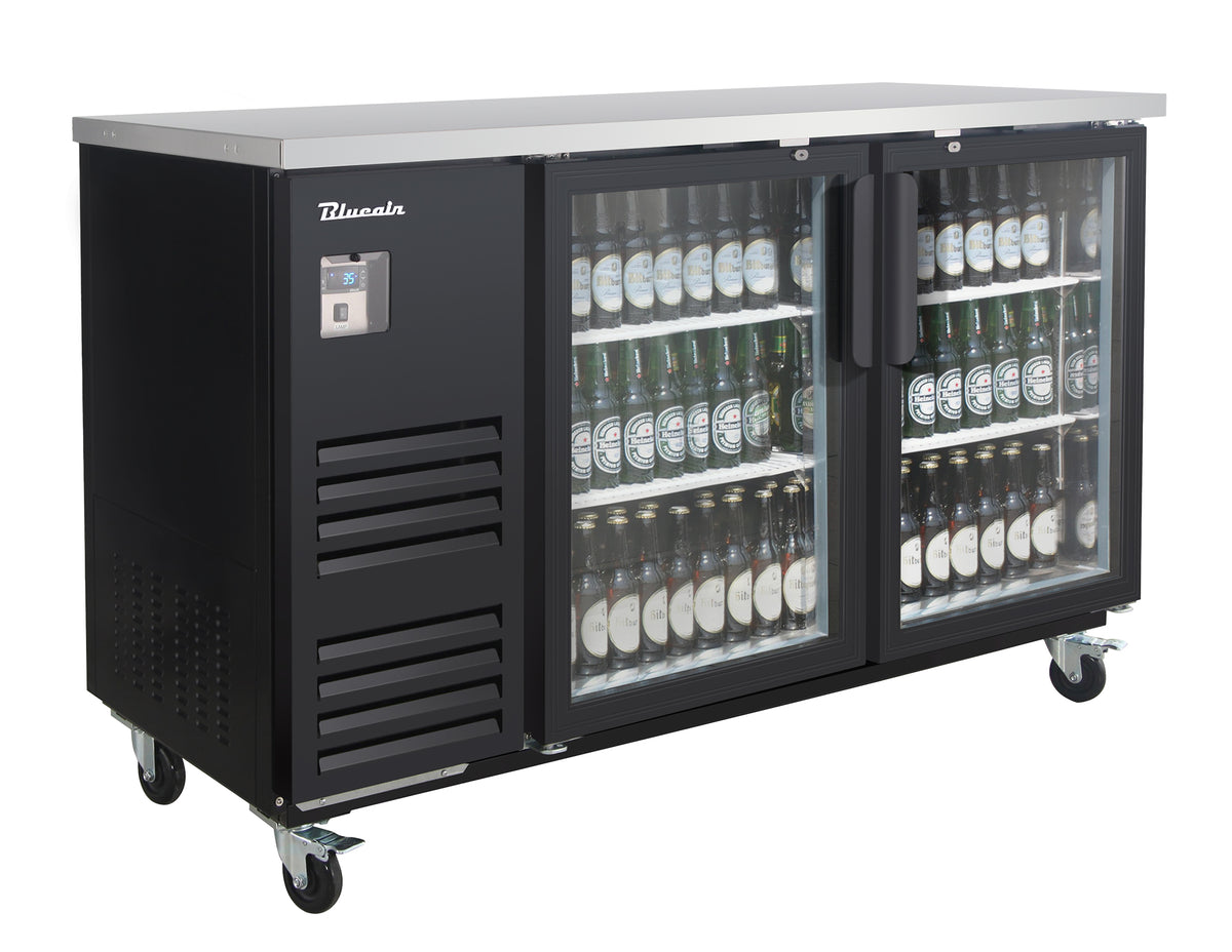 Blue Air BLBB69-3BG-HC back bar cooler with glass doors, black finish, front angle view