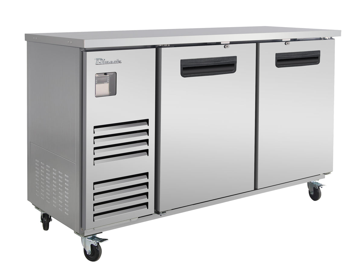Blue Air BLBB69-3S-HC back bar cooler with solid doors, stainless steel finish, front angle view