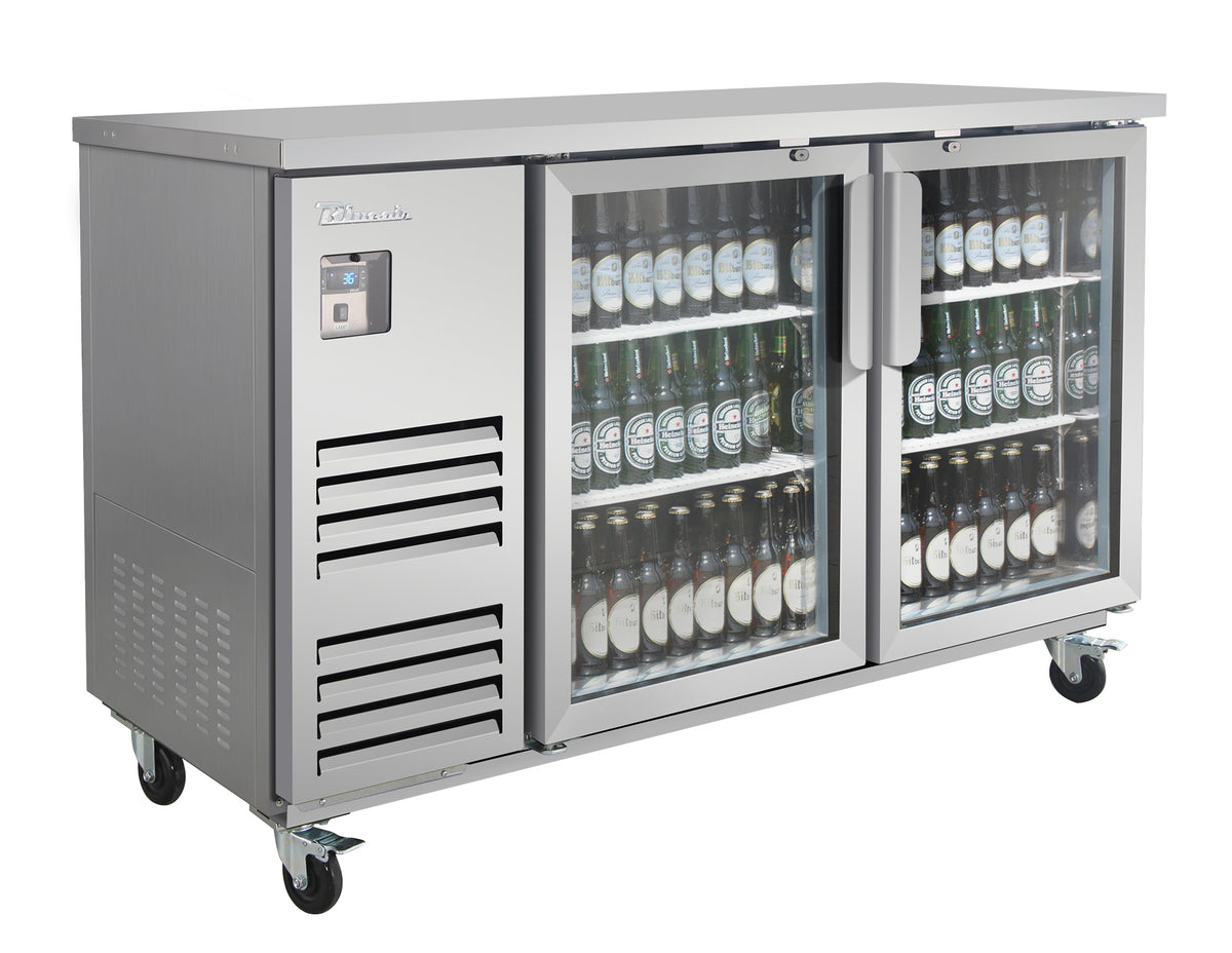 Blue Air BLBB69-3SG-HC back bar cooler with glass doors, stainless steel finish, front angle view
