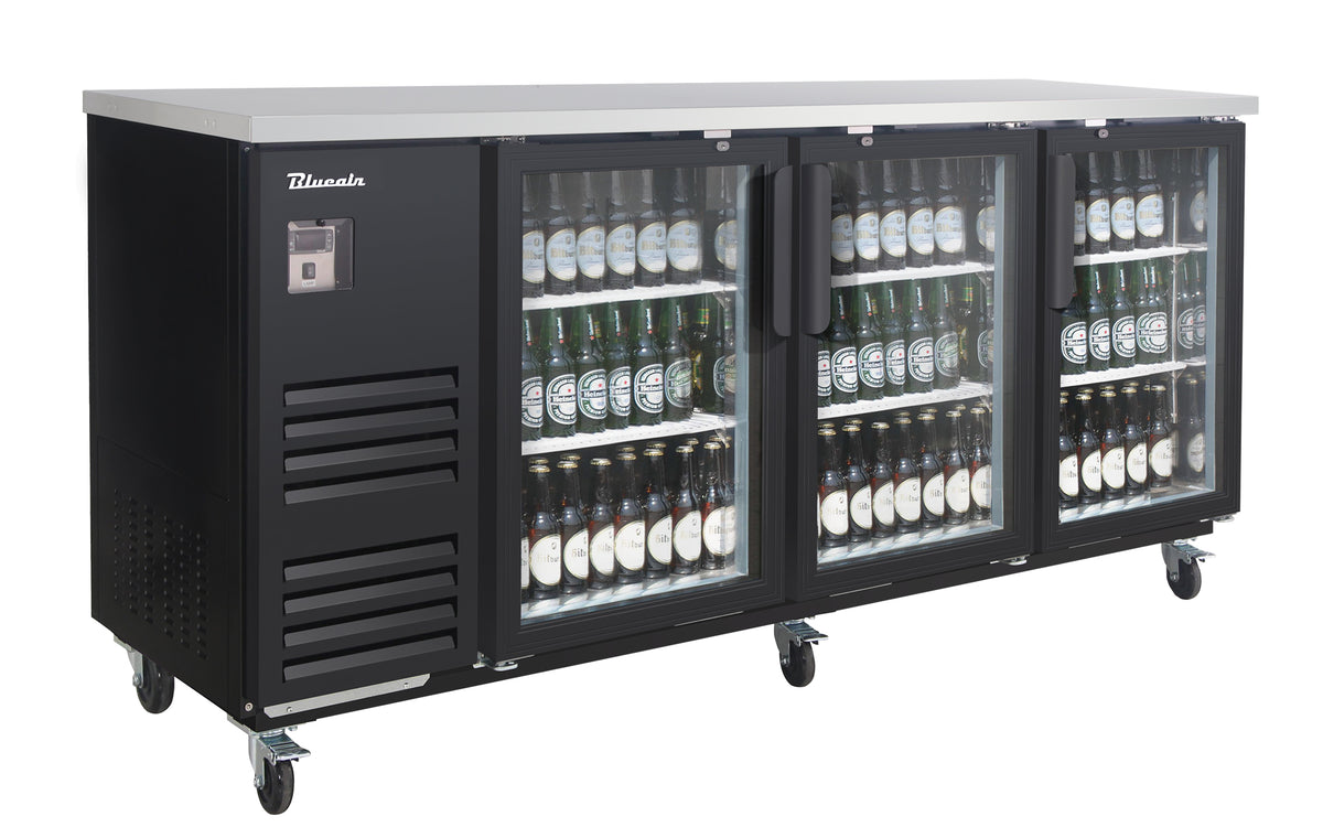 Blue Air BLBB90-4BG-HC back bar cooler with glass doors, black finish, front angle view