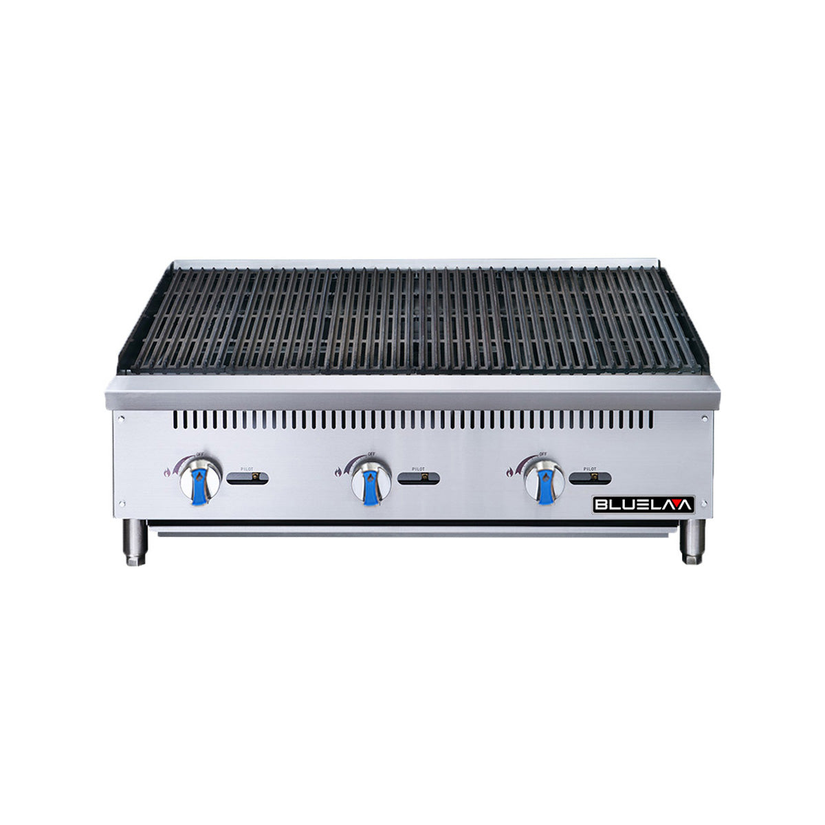 Blue Air BLCB36 36" countertop gas radiant charbroiler with 3 manual controls, front view