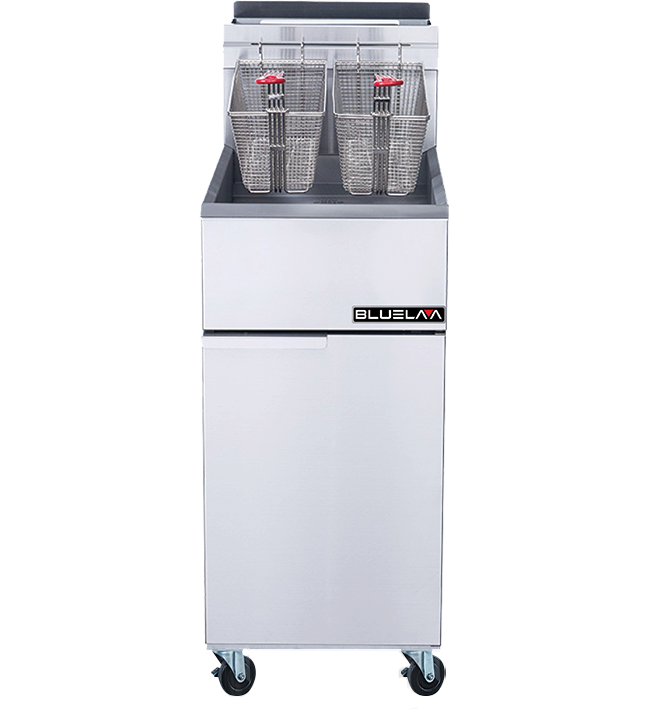 Blue Air BLF4-LPG liquid propane floor fryer with fry baskets, front view