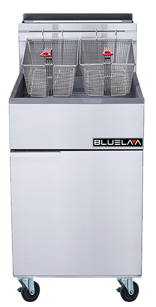 Blue Air BLF5-LPG liquid propane floor fryer with fry baskets, front view