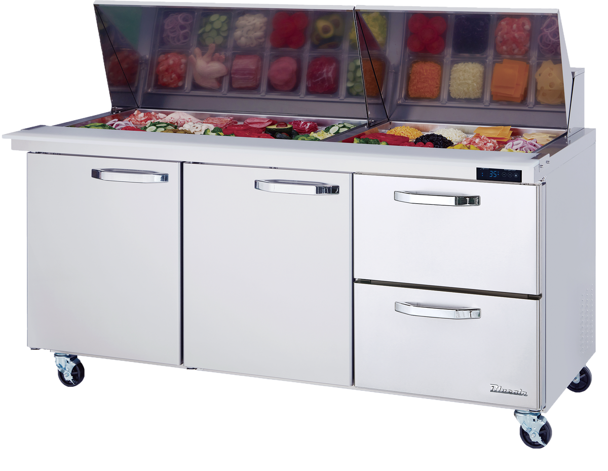 Blue Air BLMT72-D2R-HC mega top prep table, front angle view