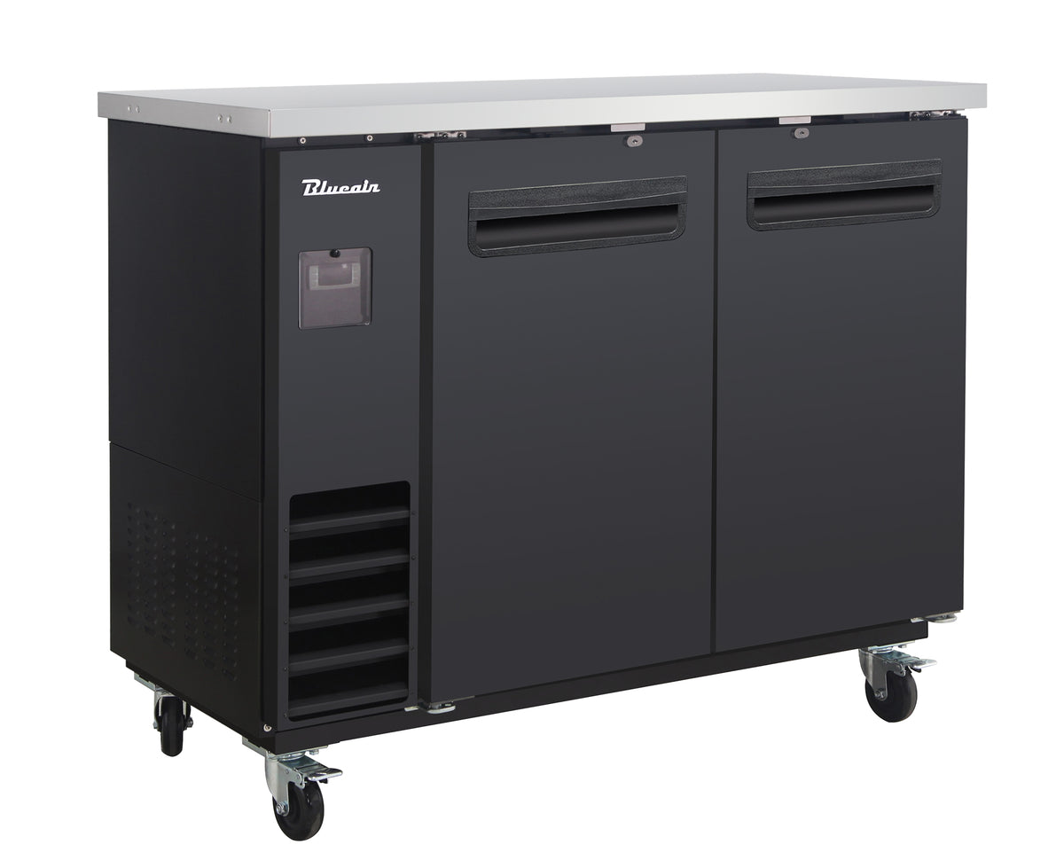 Blue Air BLNBB-48B-HC narrow back bar cooler with solid doors, black finish, front angle view