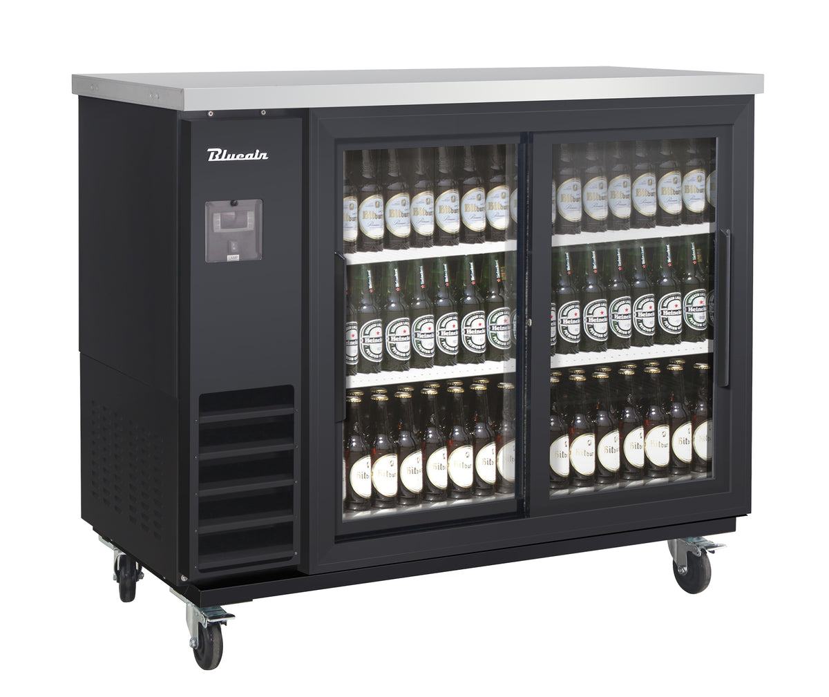 Blue Air BLNBB-48BG-SL-HC narrow back bar cooler with sliding glass doors, black finish, front angle view