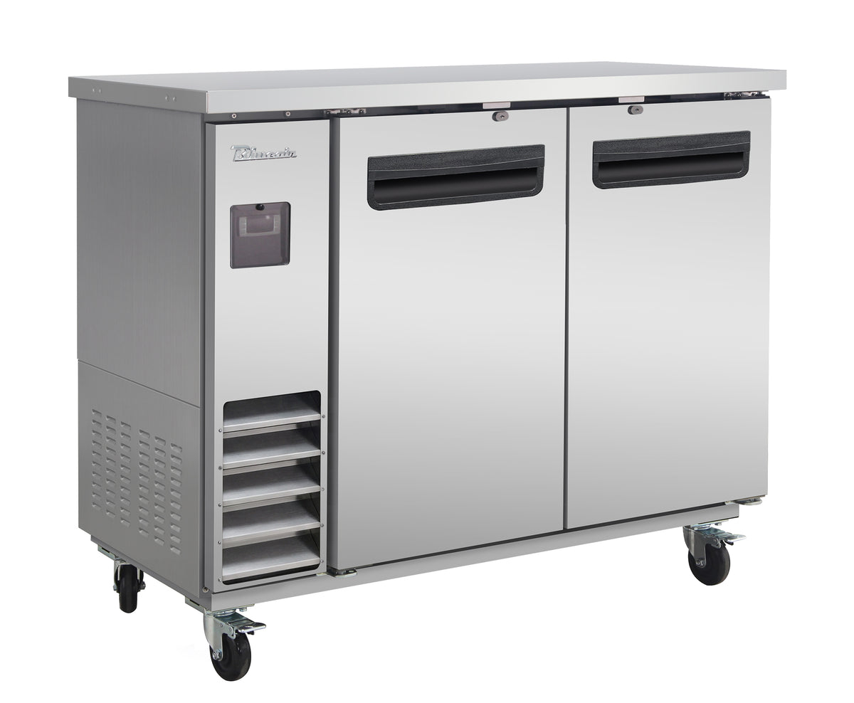 Blue Air BLNBB-48S-HC narrow back bar cooler with solid doors, stainless steel finish, front angle view