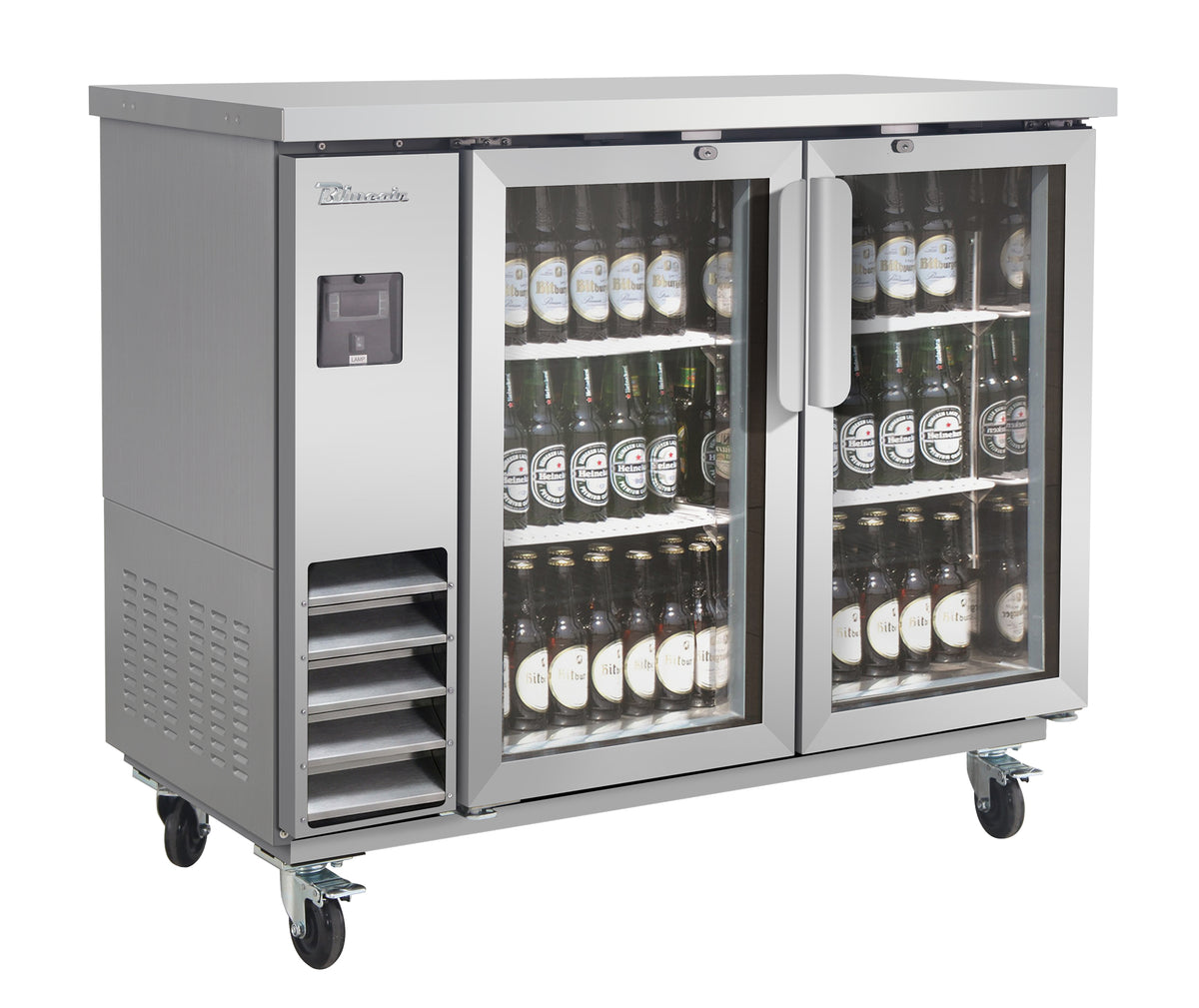 Blue Air BLNBB-48SG-HC narrow back bar cooler with glass doors, stainless steel finish, front angle view