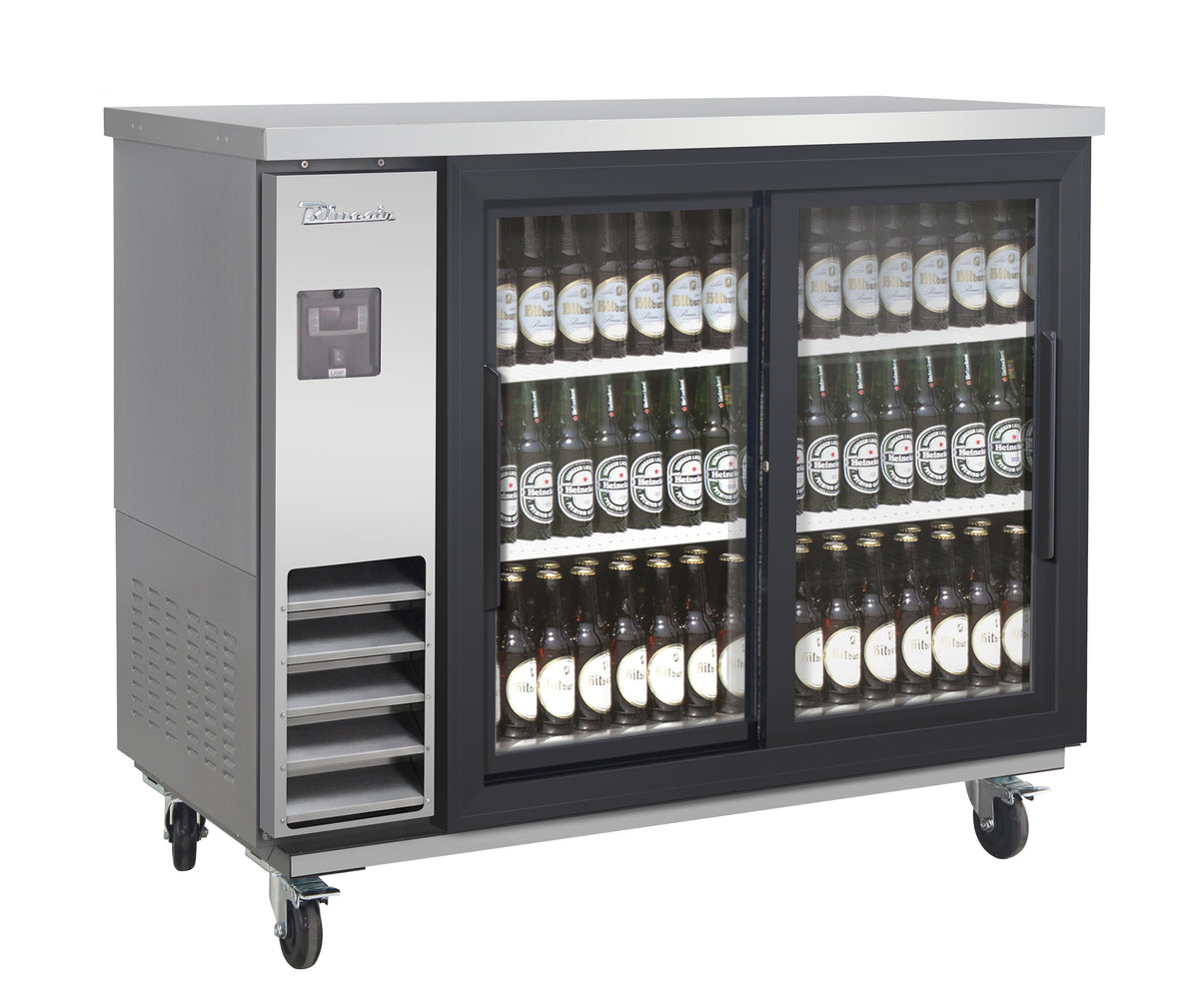 Blue Air BLNBB-48SG-SL-HC narrow back bar cooler with sliding glass doors, stainless steel finish, front angle view