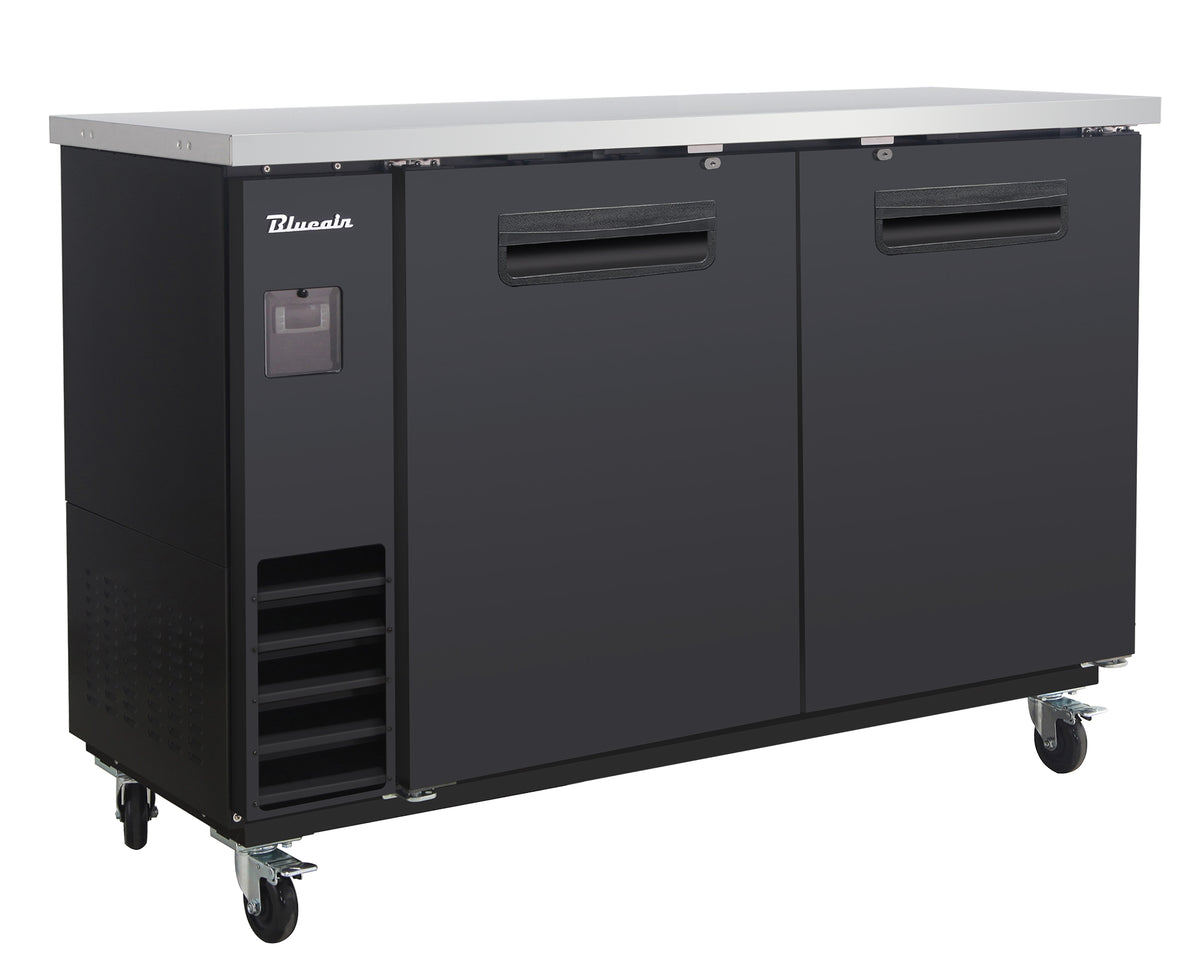 Blue Air BLNBB-60B-HC narrow back bar cooler with solid doors, black finish, front angle view