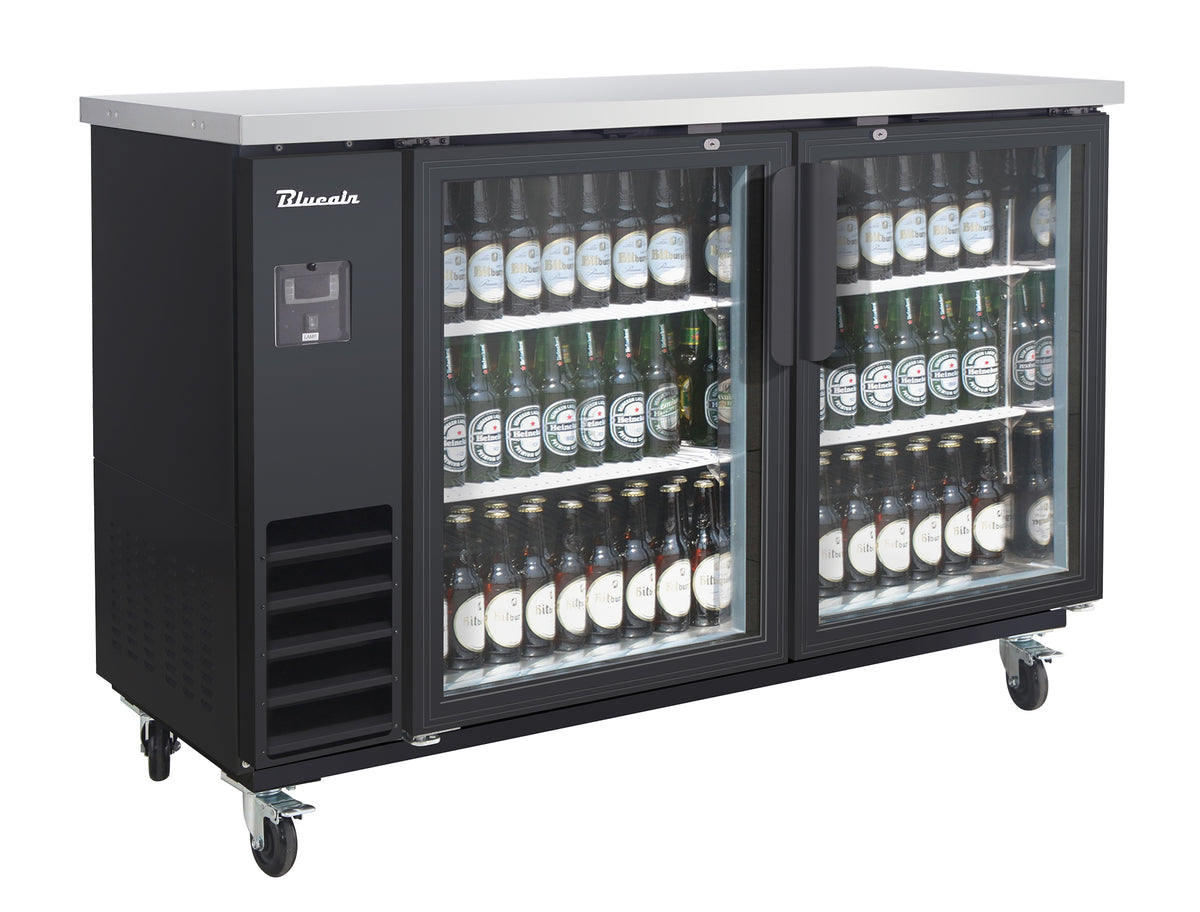 Blue Air BLNBB-60BG-HC 61-1/8" 2-Glass Door Narrow Back Bar Cooler, Black, 1/3 HP, R290, 115V