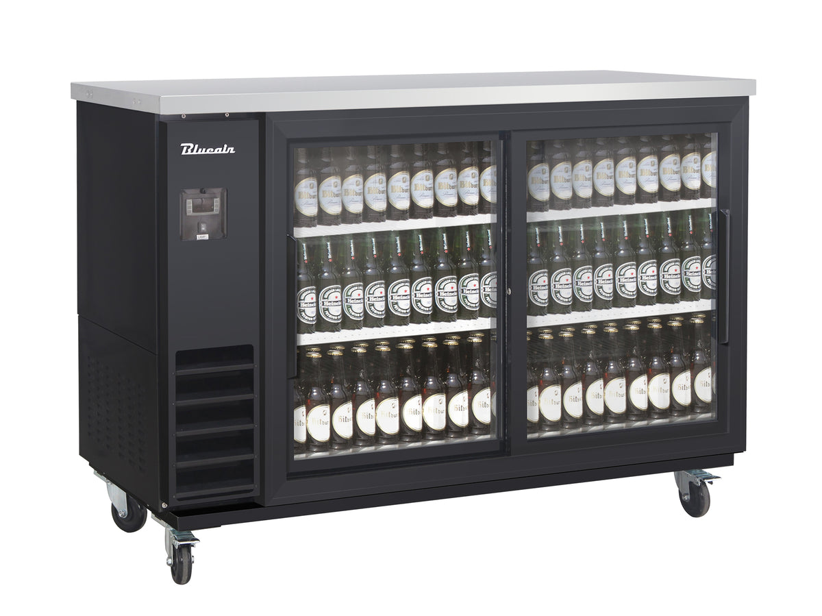 Blue Air BLNBB-60BG-SL-HC 61-1/8" 2 Sliding Glass Door Narrow Back Bar Cooler, Black, 1/3 HP, R290