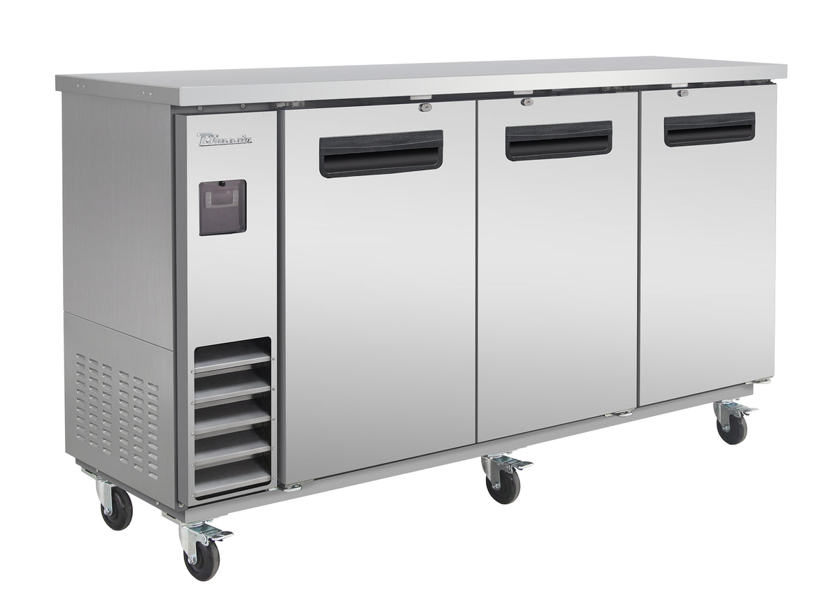 Blue Air BLNBB-72S-HC narrow back bar cooler with solid doors, stainless steel finish, front angle view