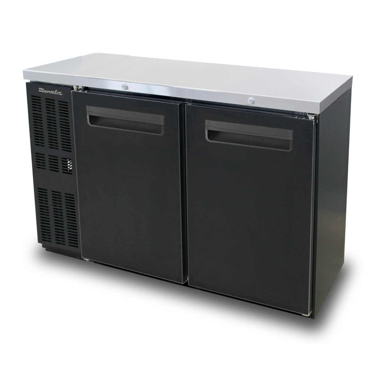 Blue Air BNB-48BT-HC narrow back bar cooler with solid doors, black finish, front angle view
