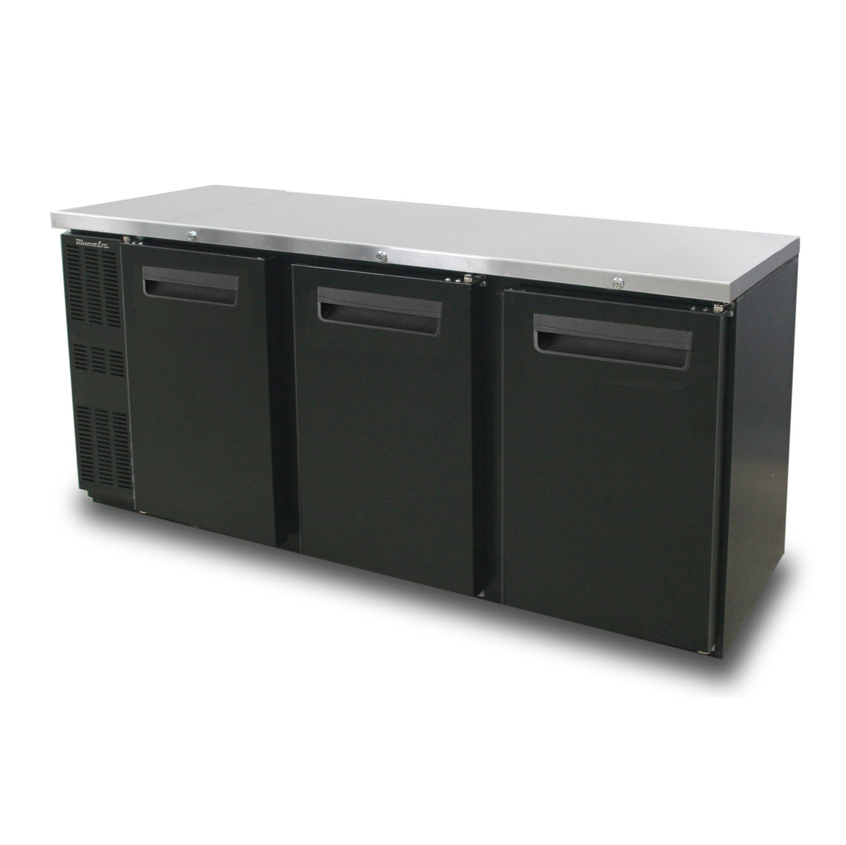 Blue Air BNB-72BT-HC narrow back bar cooler with solid doors, black finish, front angle view