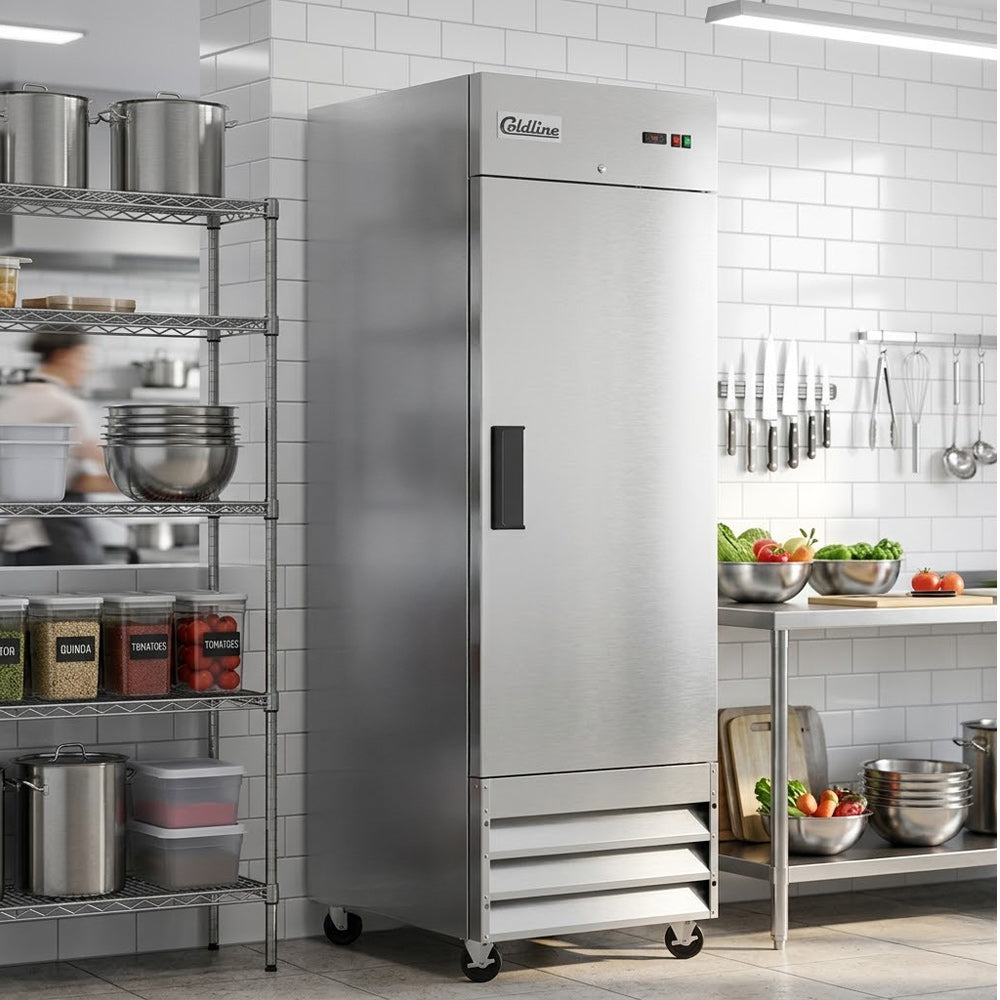 Coldline C-1FE solid door reach-in freezer, in a commercial kitchen (representative image)