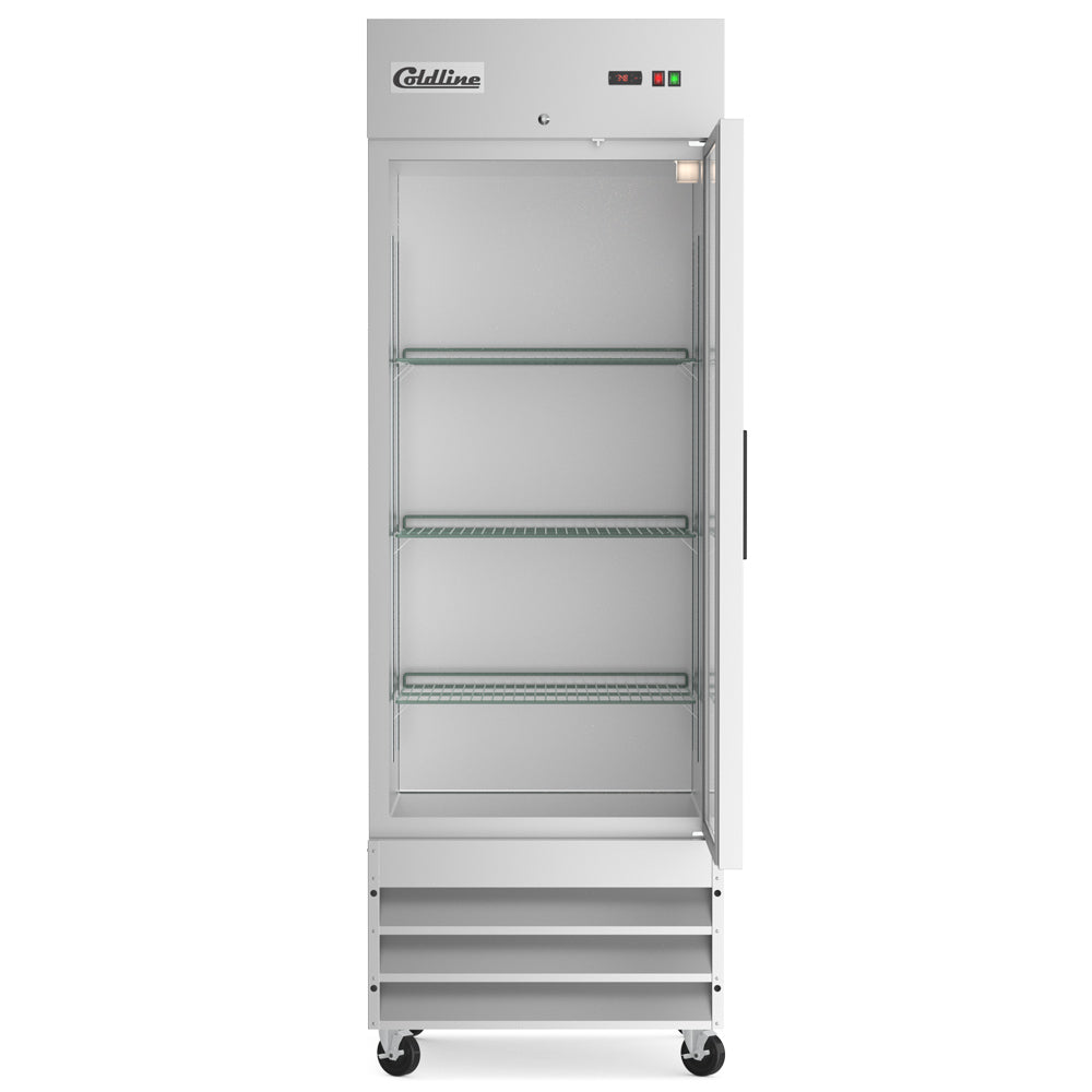 Coldline C19R solid door reach-in refrigerator, door open showing 3 wire shelves