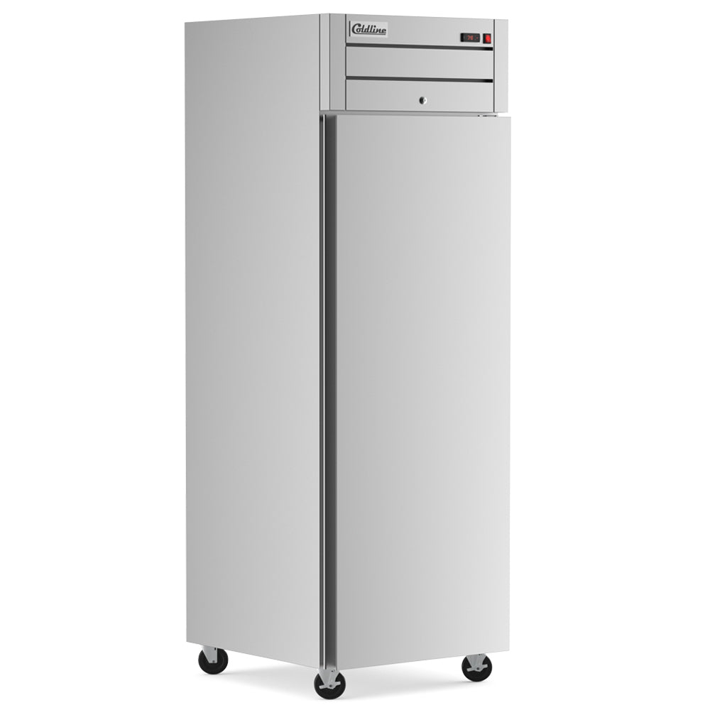 Coldline C-1RR-TM solid door reach-in refrigerator, angled front view