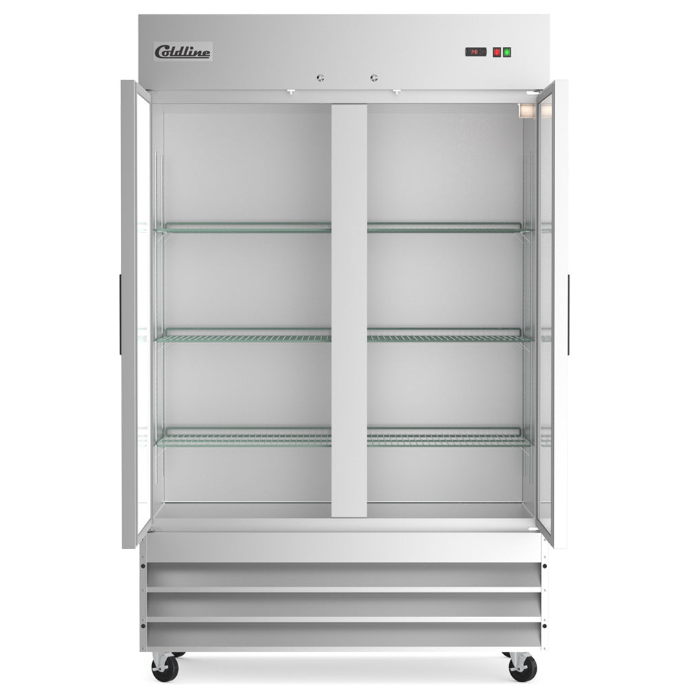 Coldline C-2RE solid door reach-in refrigerator, front view, doors open