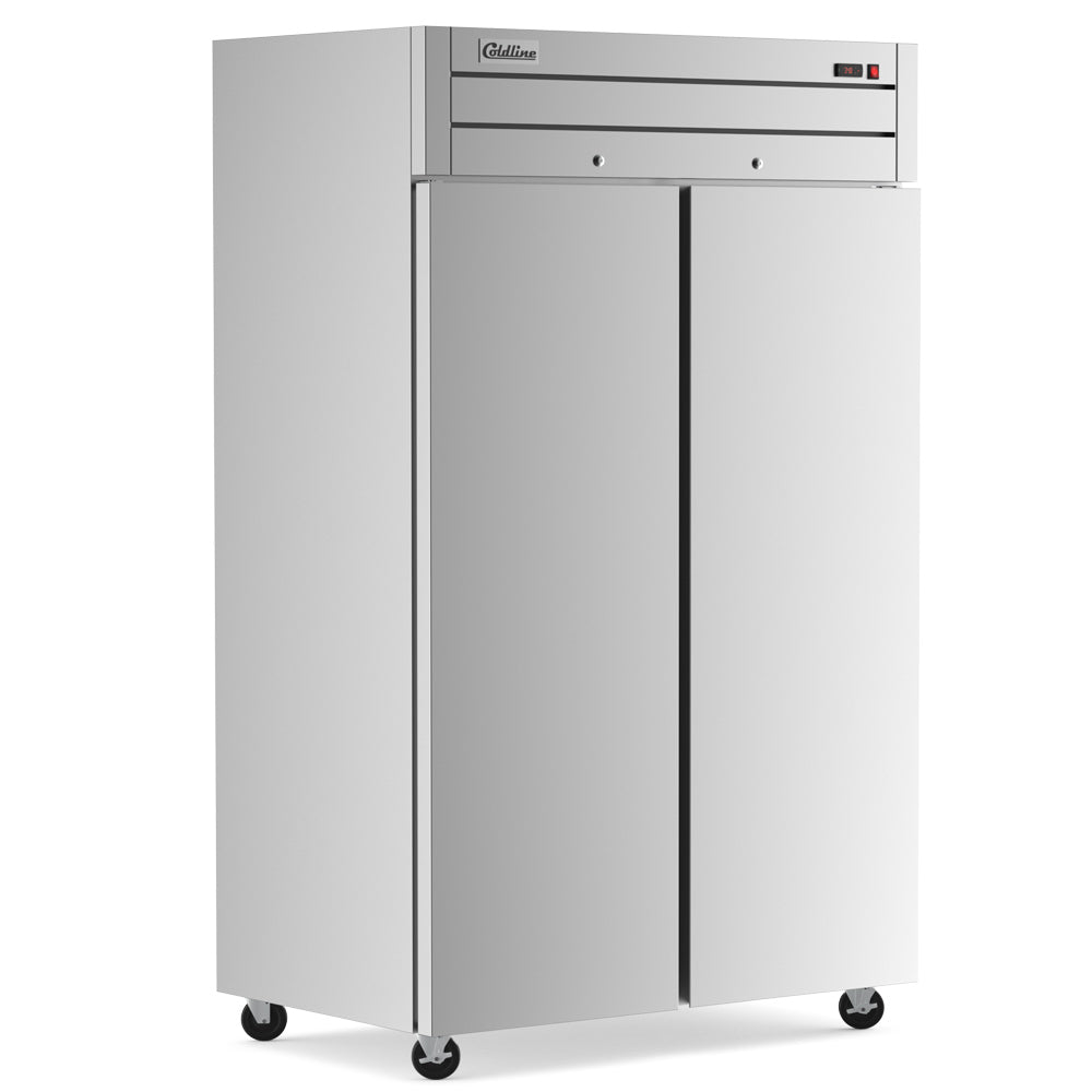 Coldline C-2RR-TM solid door reach-in refrigerator, angled front view