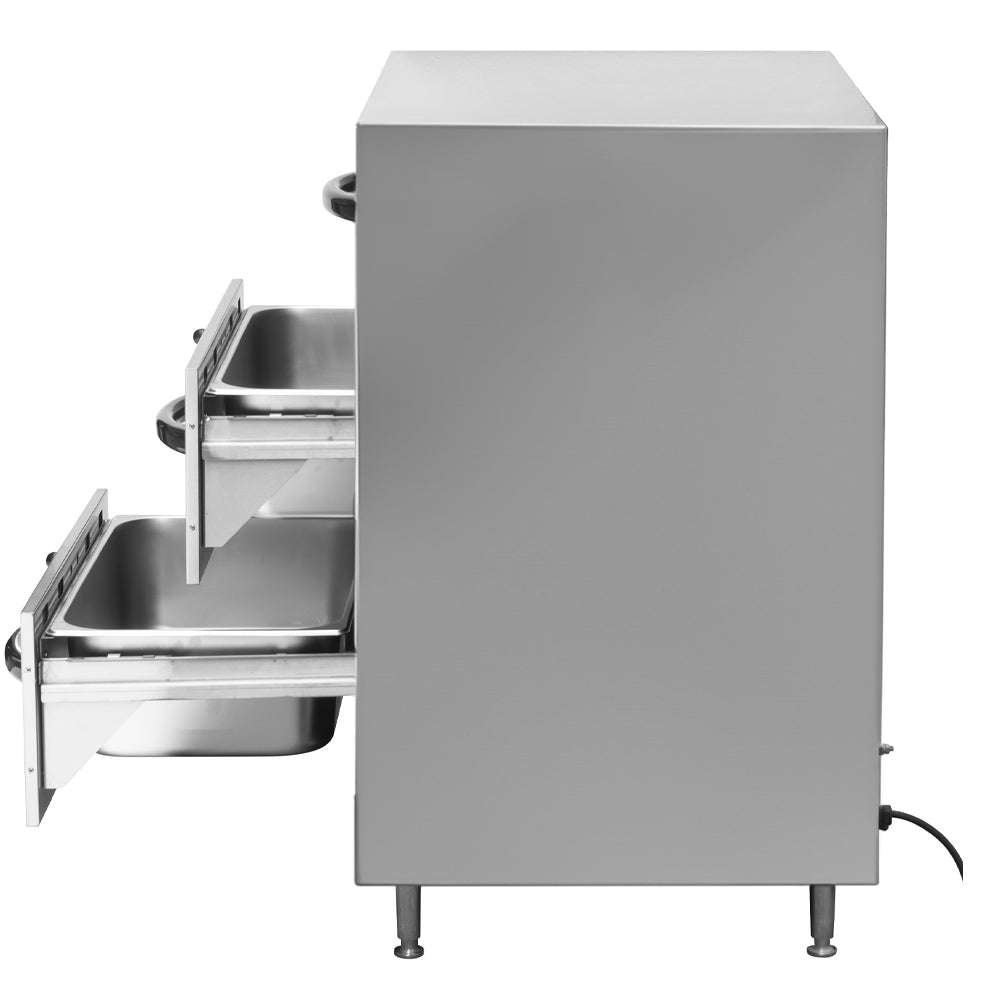 Cookline C-DW-3 triple freestanding drawer warmer, side view with two drawers open