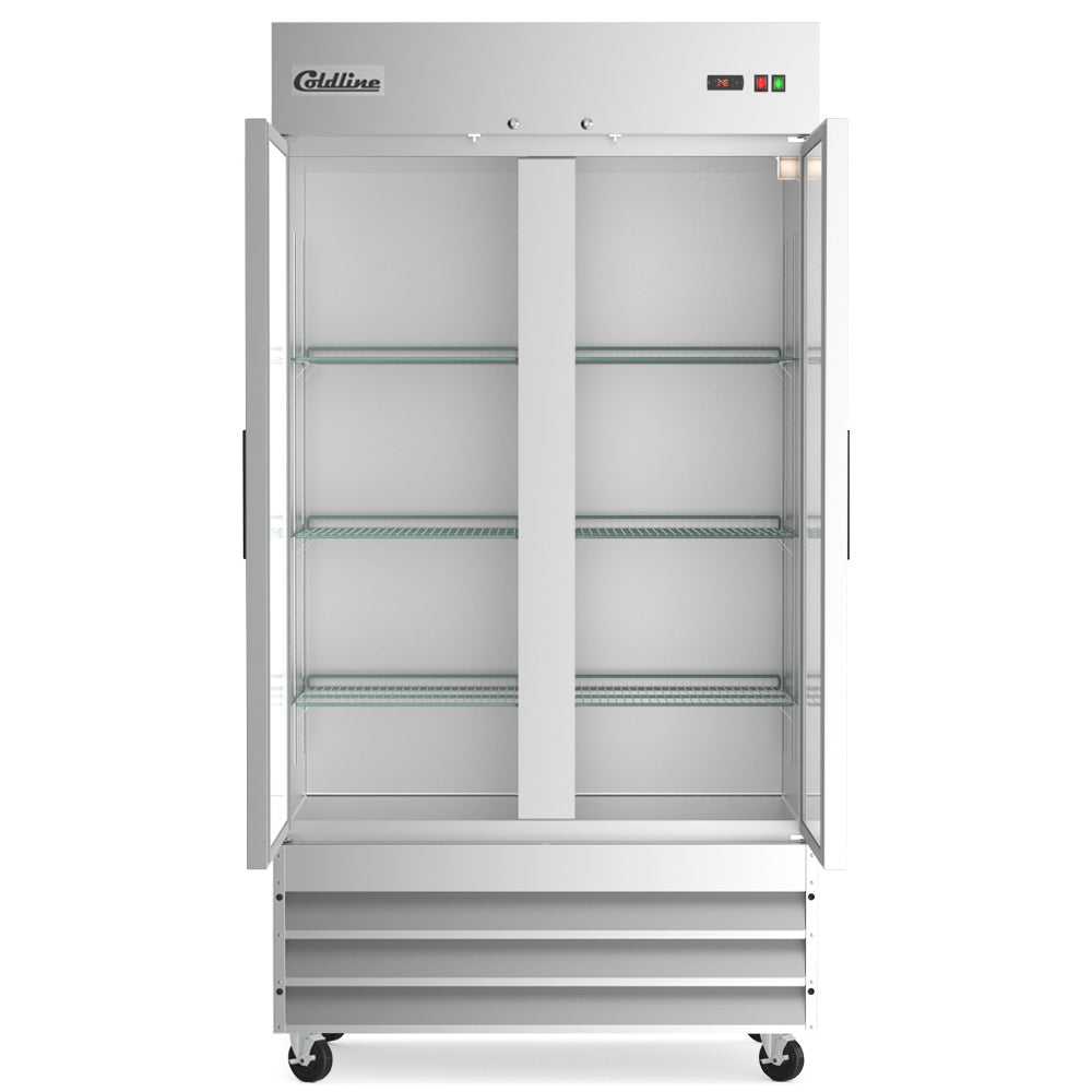 Coldline C35R solid door reach-in refrigerator, front view, doors open
