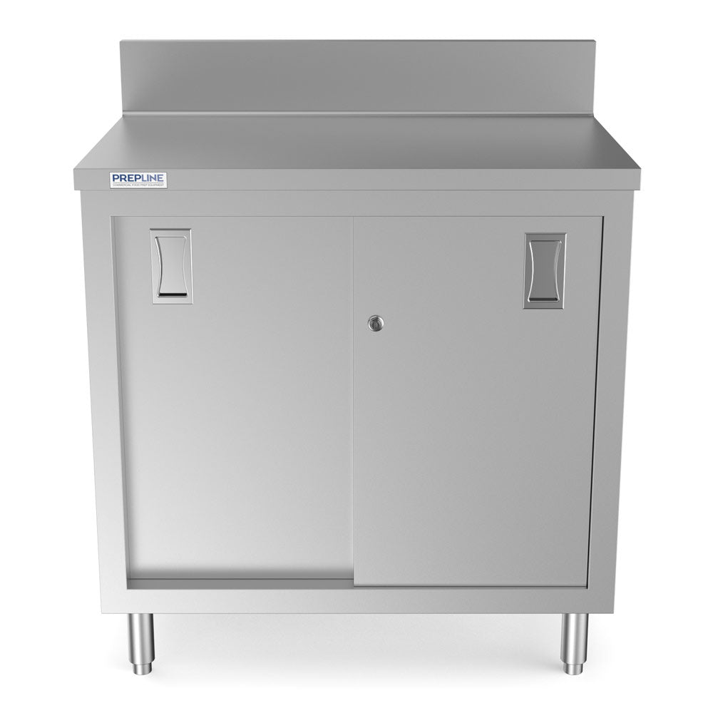 Prepline PCB-2436 stainless steel enclosed base work table, front view, sliding doors closed