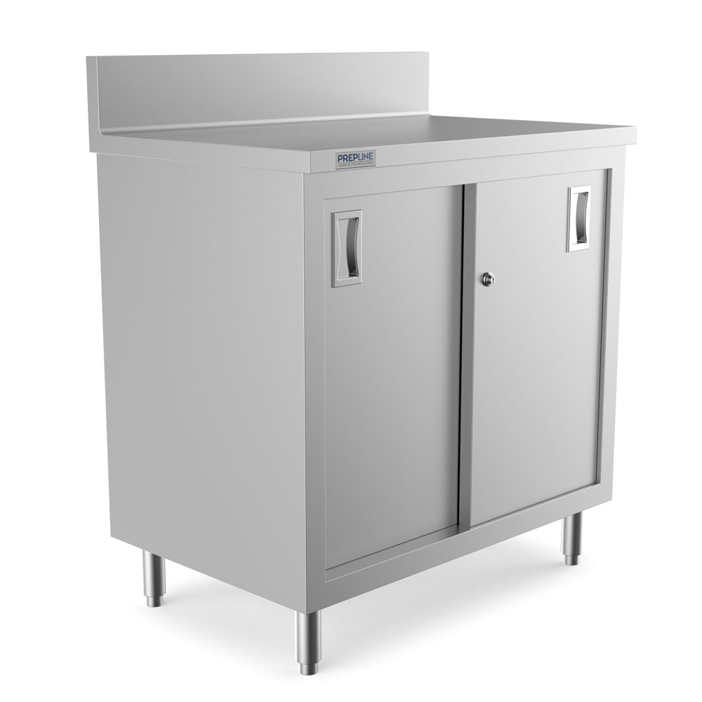 Prepline PCB-2436 stainless steel enclosed base work table, angled view
