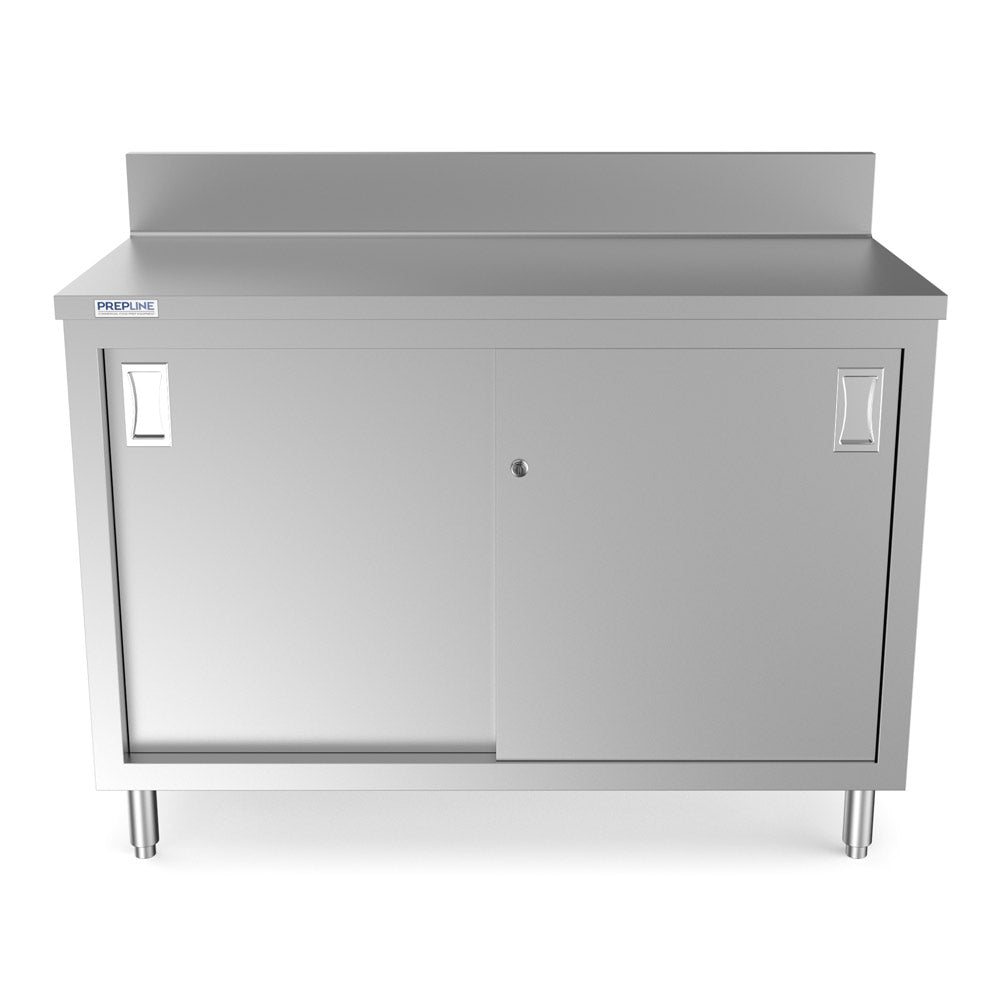 Prepline PCB-2448 stainless steel enclosed base work table, front view, sliding doors closed