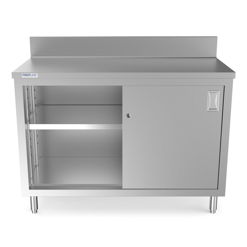 Prepline PCB-2448 stainless steel enclosed base work table, front view, one sliding door open showing the adjustable shelf