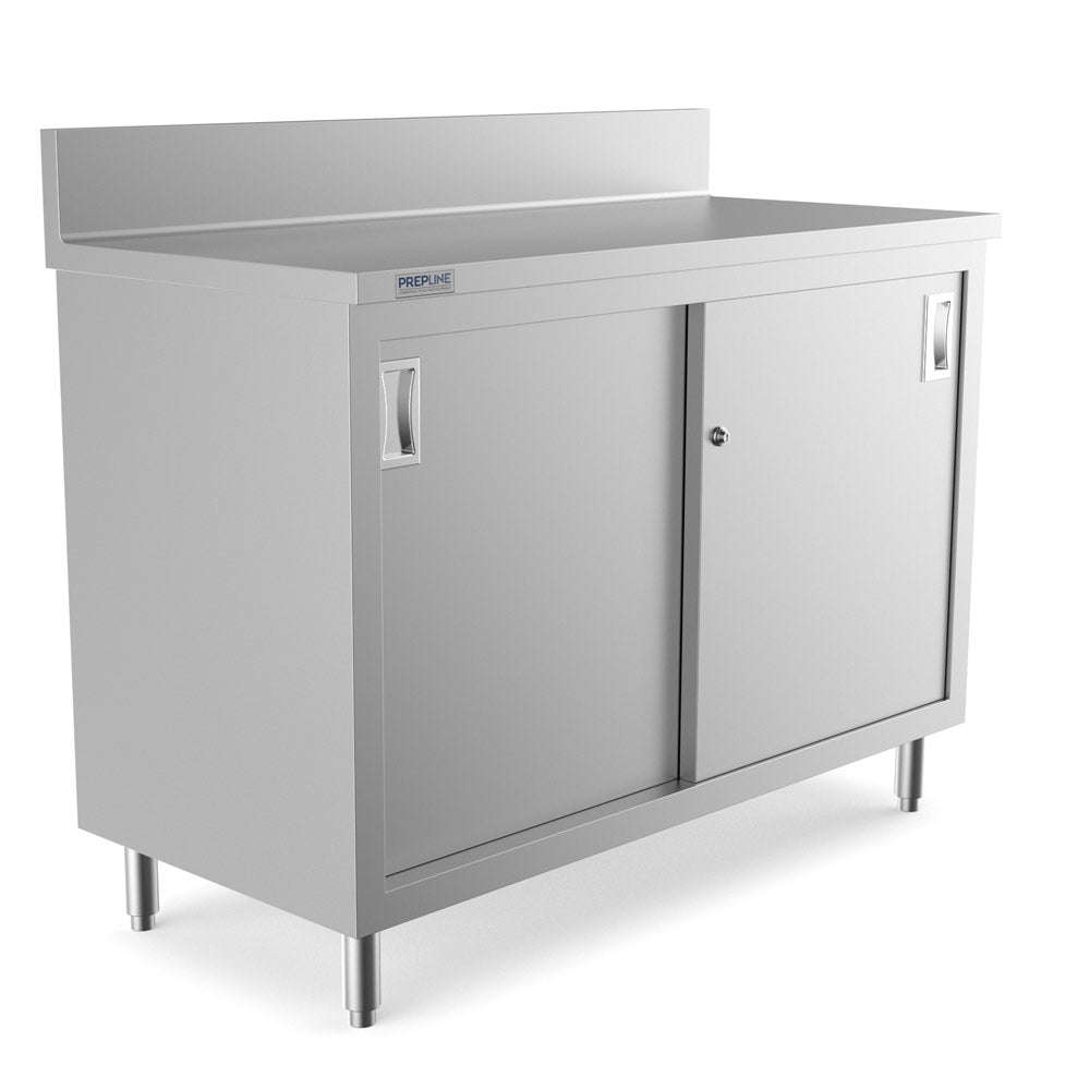 Prepline PCB-2448 stainless steel enclosed base work table, angled view