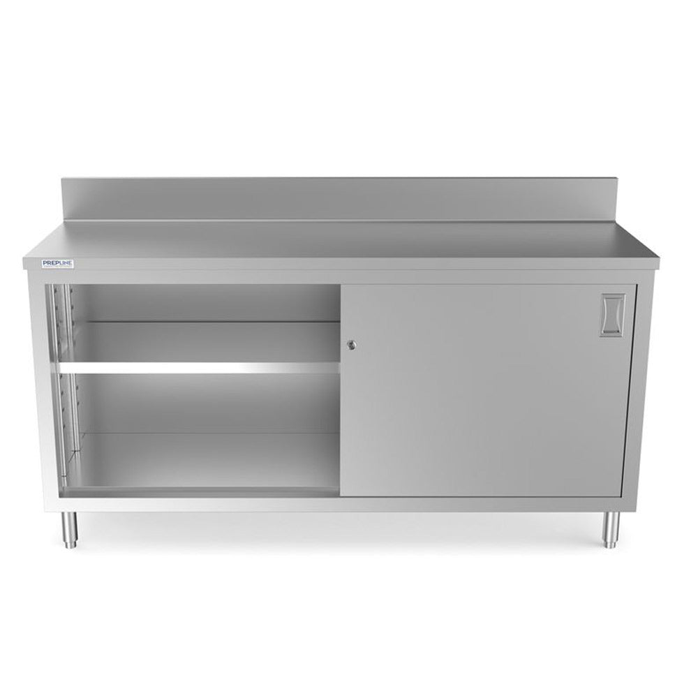 Prepline PCB-3072 stainless steel enclosed base work table, front view, one sliding door open showing the adjustable shelf (representative image)