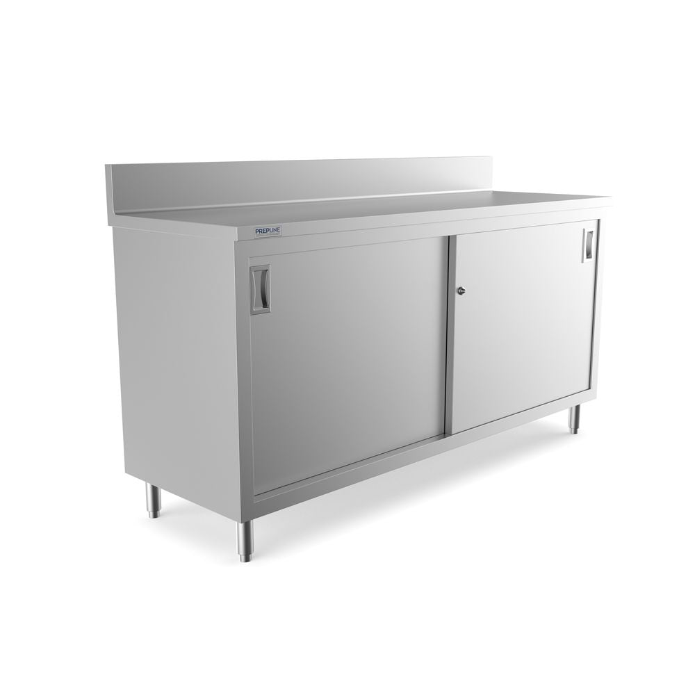 Prepline PCB-2472 stainless steel enclosed base work table, angled view