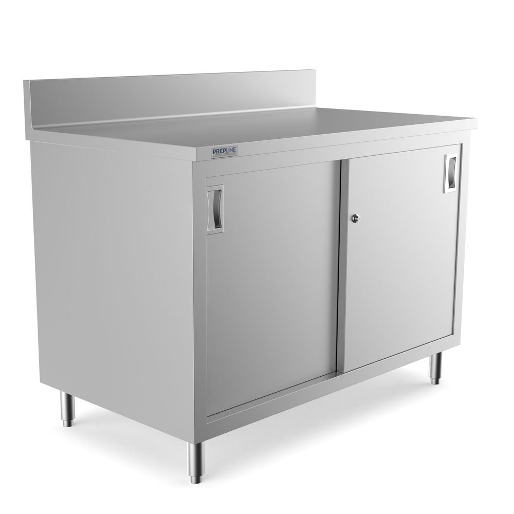 Prepline PCB-3048 stainless steel enclosed base work table, angled view