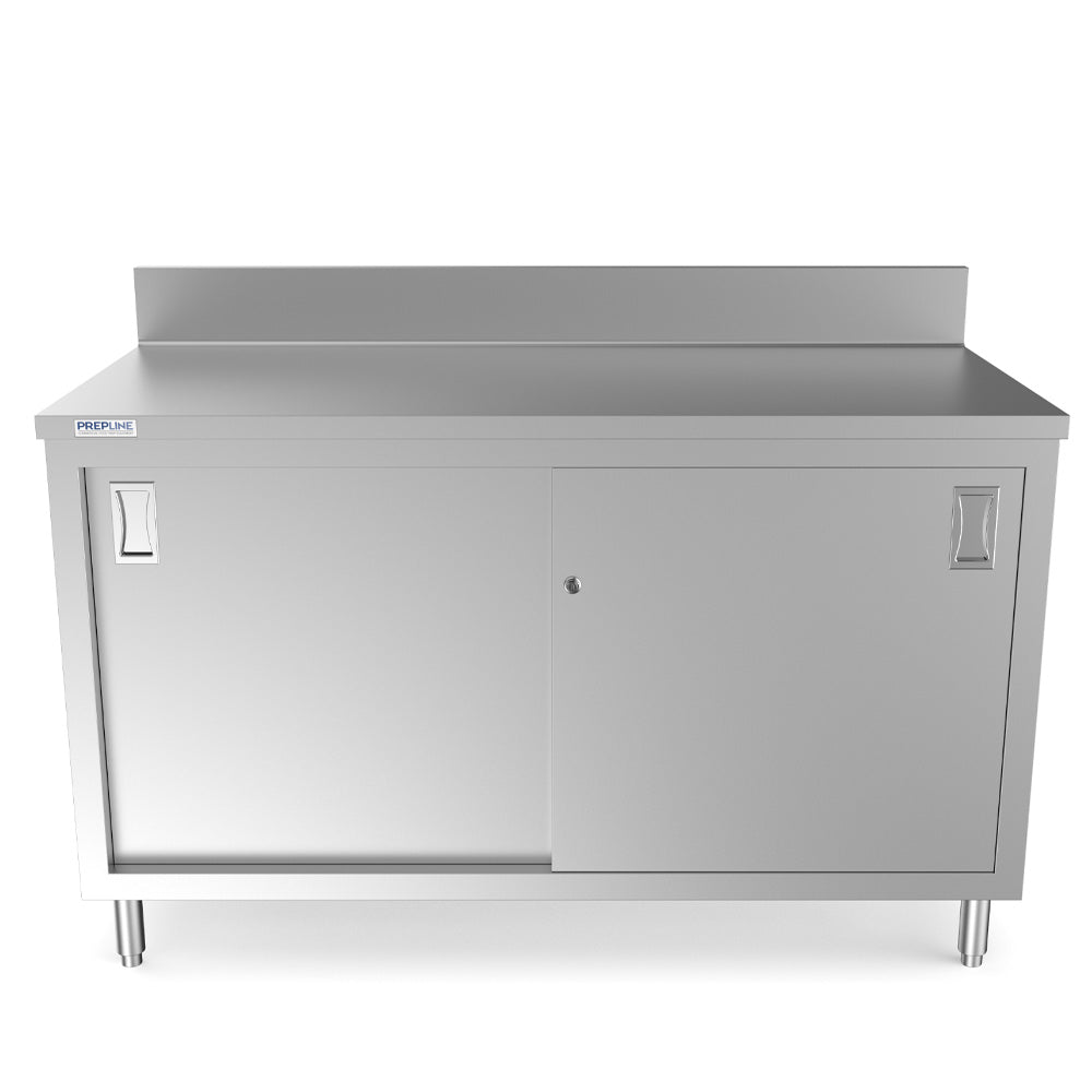 Prepline PCB-3060 stainless steel enclosed base work table, front view, sliding doors closed