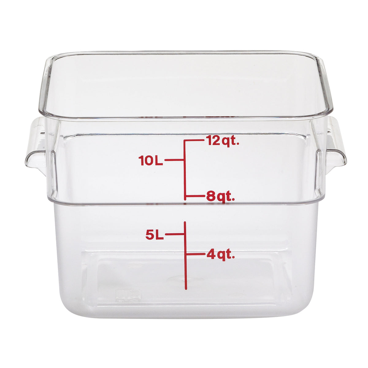 Cambro 12SFSCW135 CamSquare- 12 Qt ClearPC Square, 11-1/4"Lx12-1/4"Wx8-5/16"H, Red Handles, No Lid — Case of 6 pieces