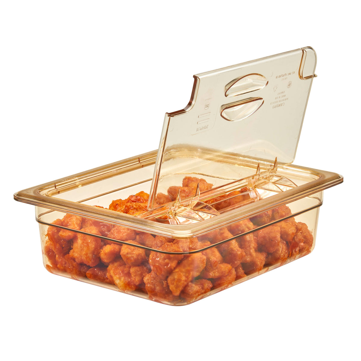 Cambro 20HPLN150 Heat H-Pan FlipLid 1/2-Size Amber Lid, Spoon-Notched, Hinged, -40°F to 300°F NSF — Case of 6 pieces