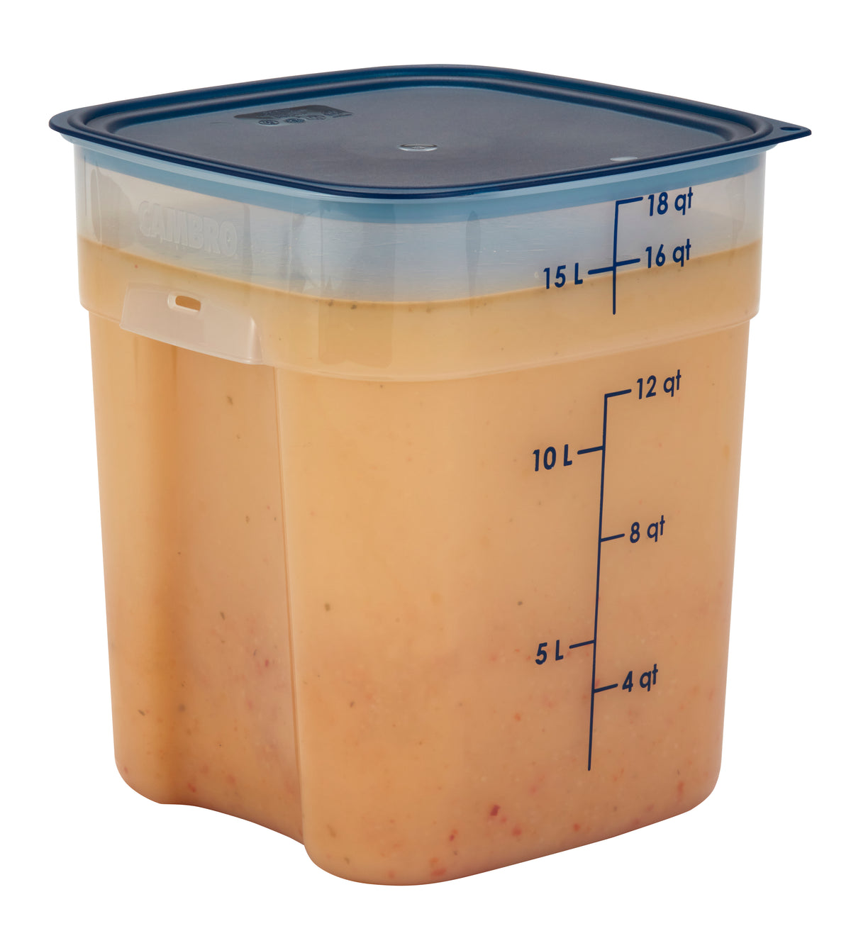 Cambro 22SFSPROPP190 FreshPro 22-Qt Sq Container, Clear PP, Blue Handles, 11.4" L x 11.4" W x 16" H — Case of 6 pieces
