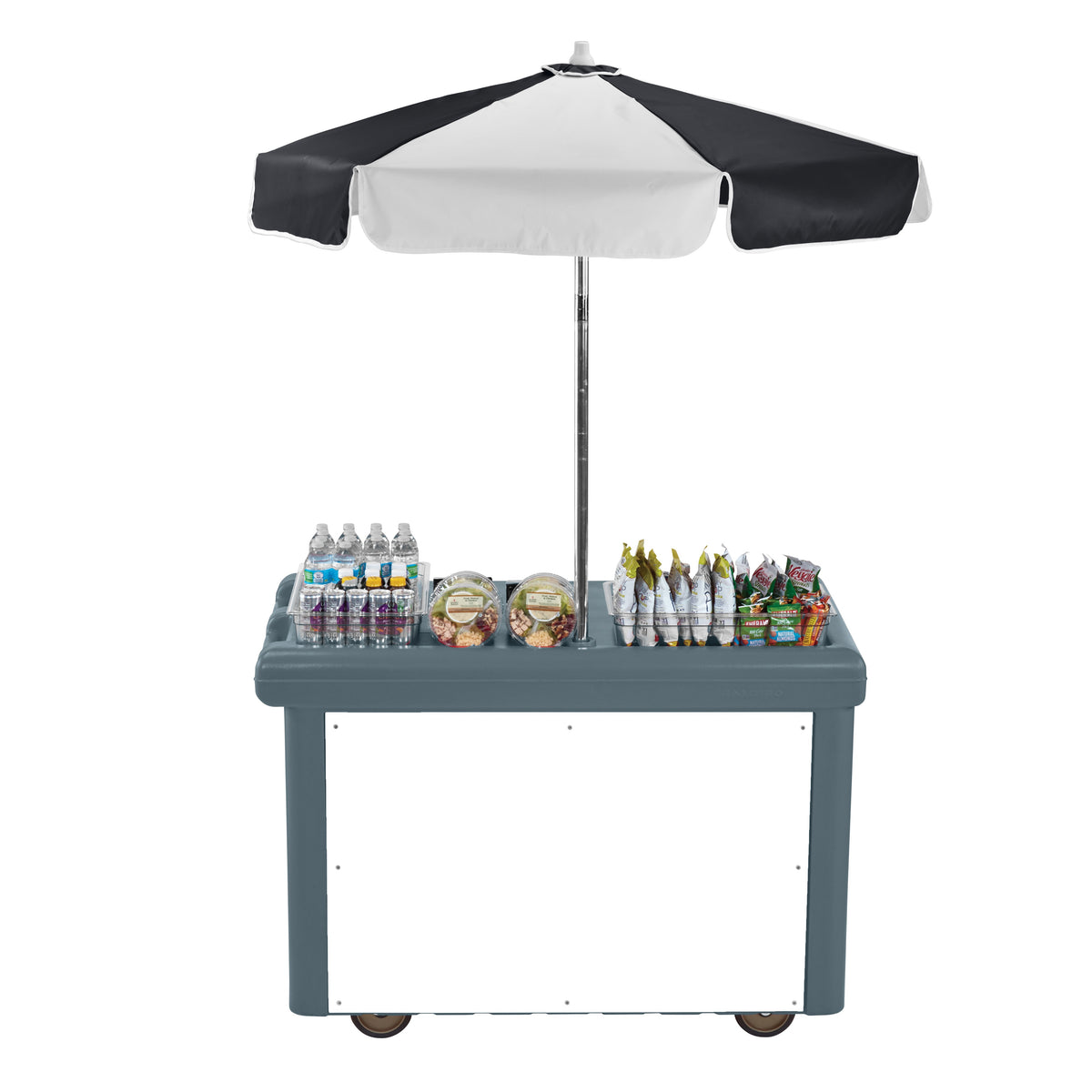 Cambro CVC55191 Camcruiser Granite Gray Vending Cart w/ Umbrella, 1 Counter Well, 2 Compartments
