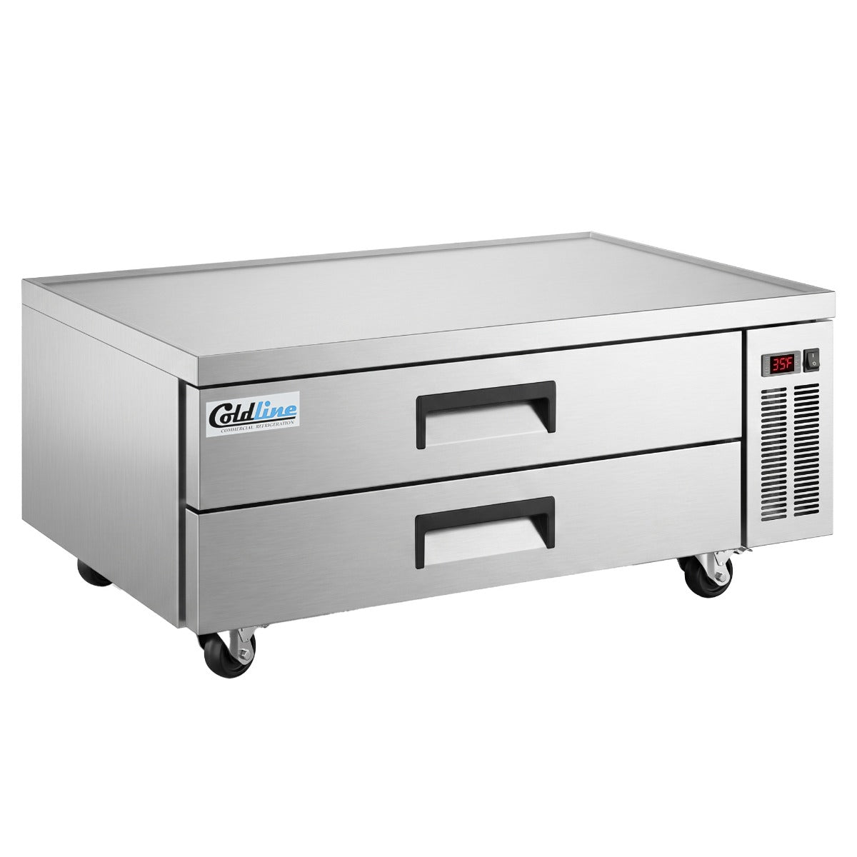 Coldline CB52 2-drawer refrigerated chef base, angled front view with Coldline logo