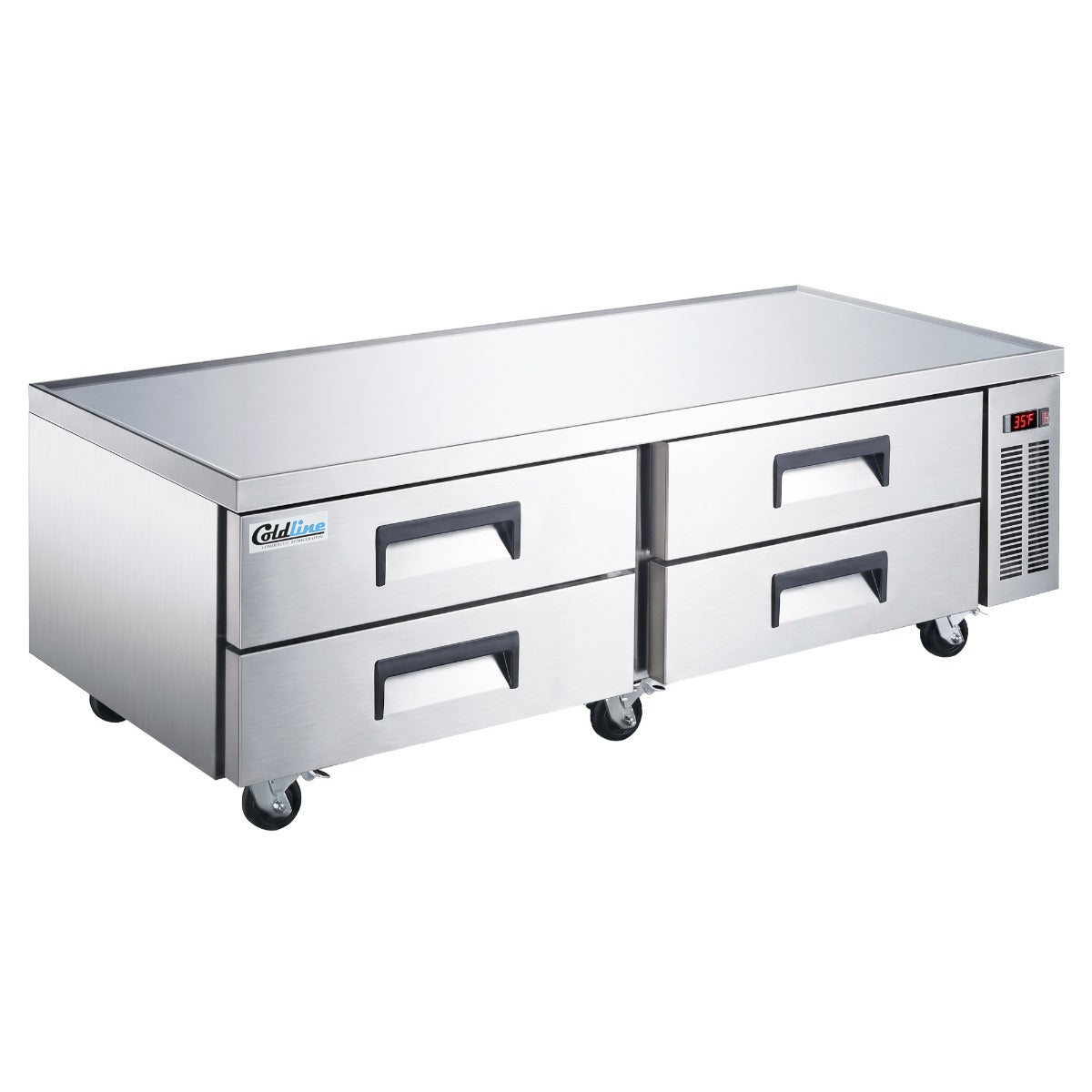 Coldline CB72 4-drawer refrigerated chef base, angled front view with Coldline logo