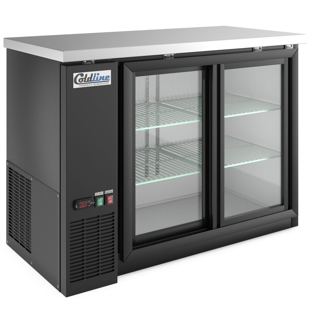 Coldline CBB-48G-SL black sliding glass door back bar cooler, angled front view